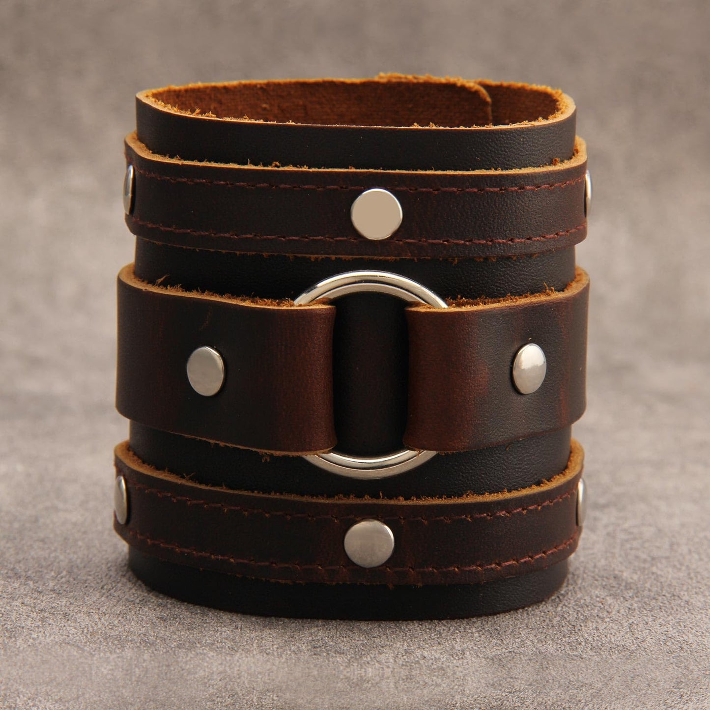 GelConnie Genuine Leather Wristband Punk Alloy Buckle Bracelet Brown Arm Cuff Wide Leather Wristband Cuff Bracelet for Men