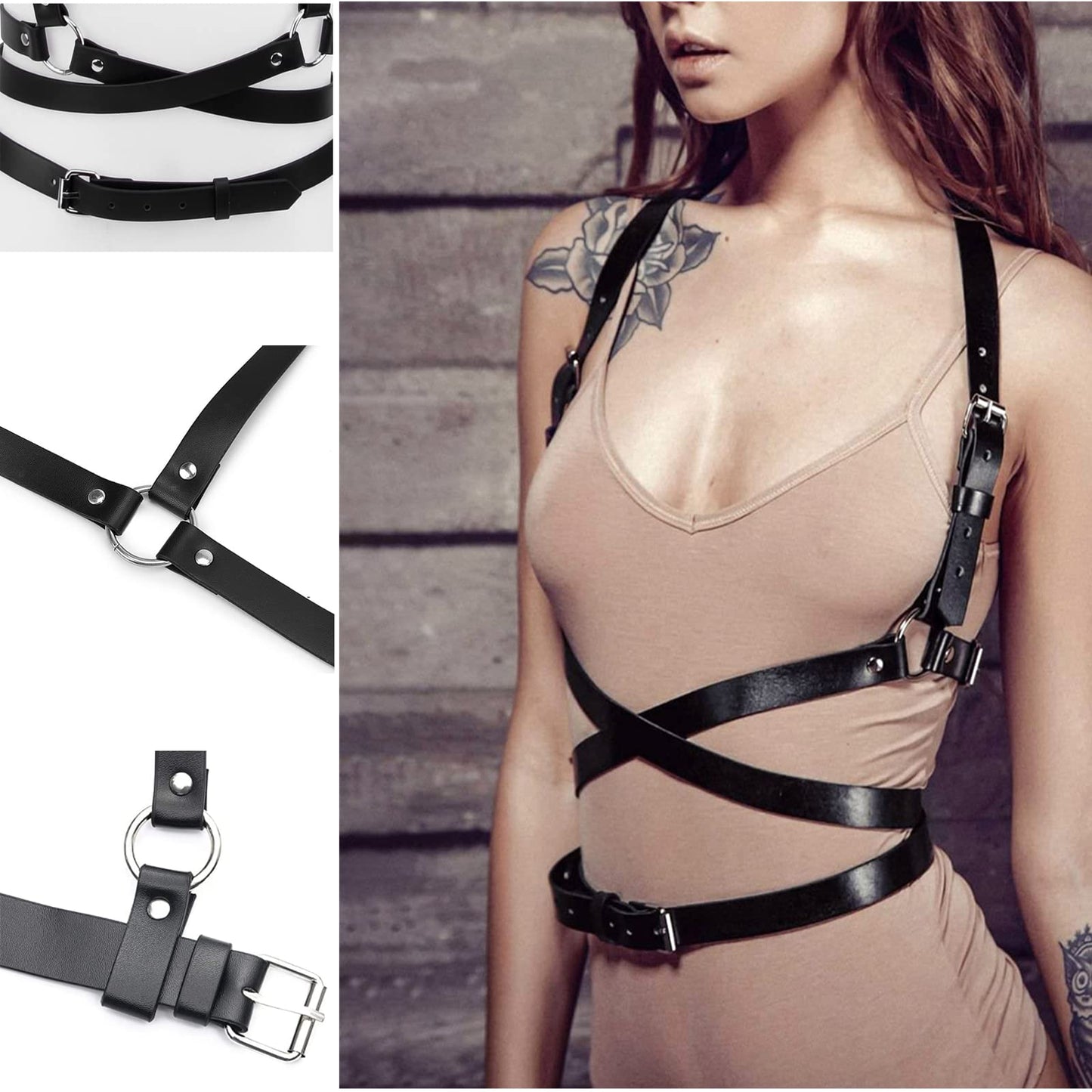 Widyany Punk Black Pu Leather Belt, Harness Belt for Women Gothic Body Adjustable Waist Belts Rave Dresses Party Accessories