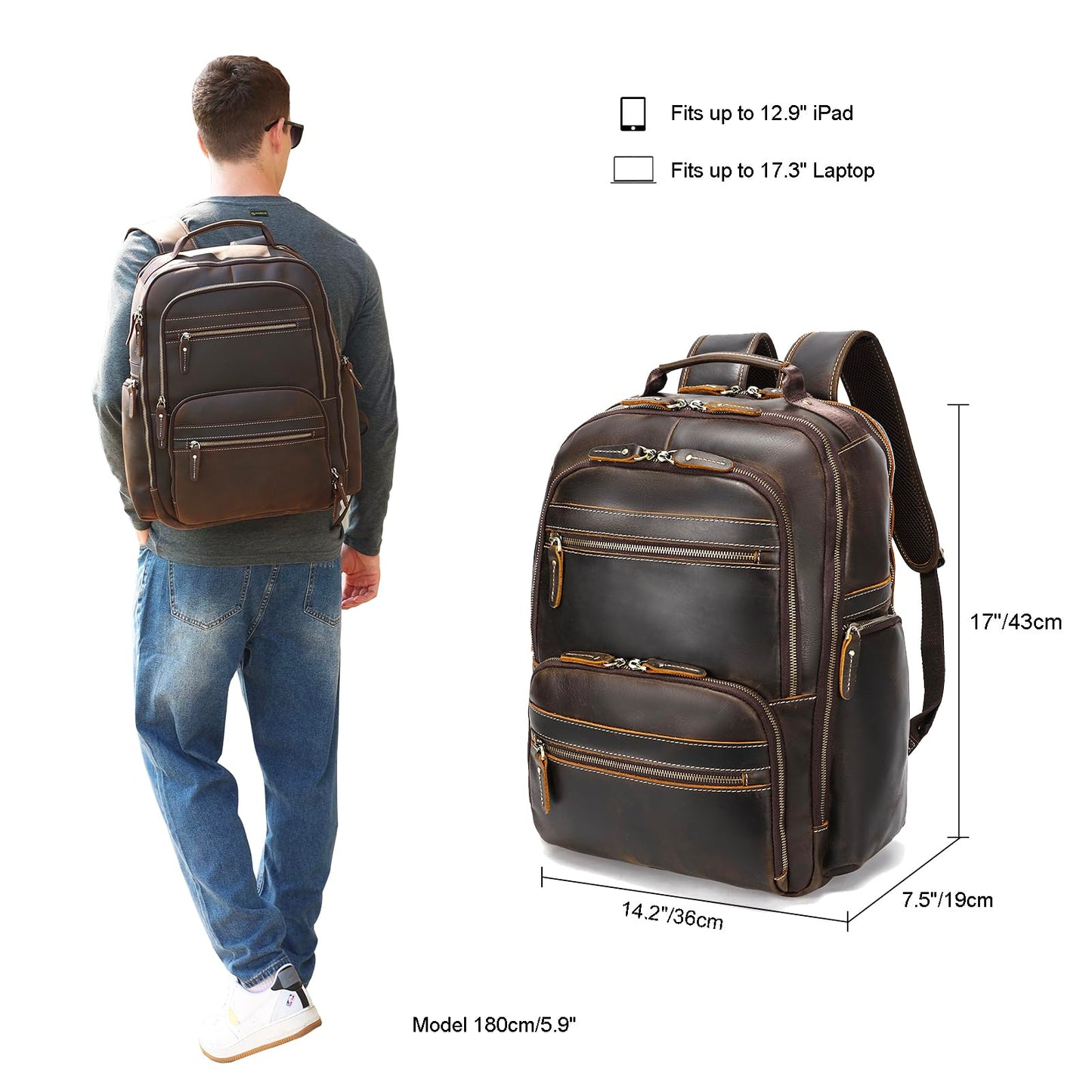 LANNSYNE Vintage Mens Full Grain Leather Backpack Fits 17.3 Inch Laptop, Large Casual Rucksack Shoulder Bag For Travel/Camping/Hiking-Brown