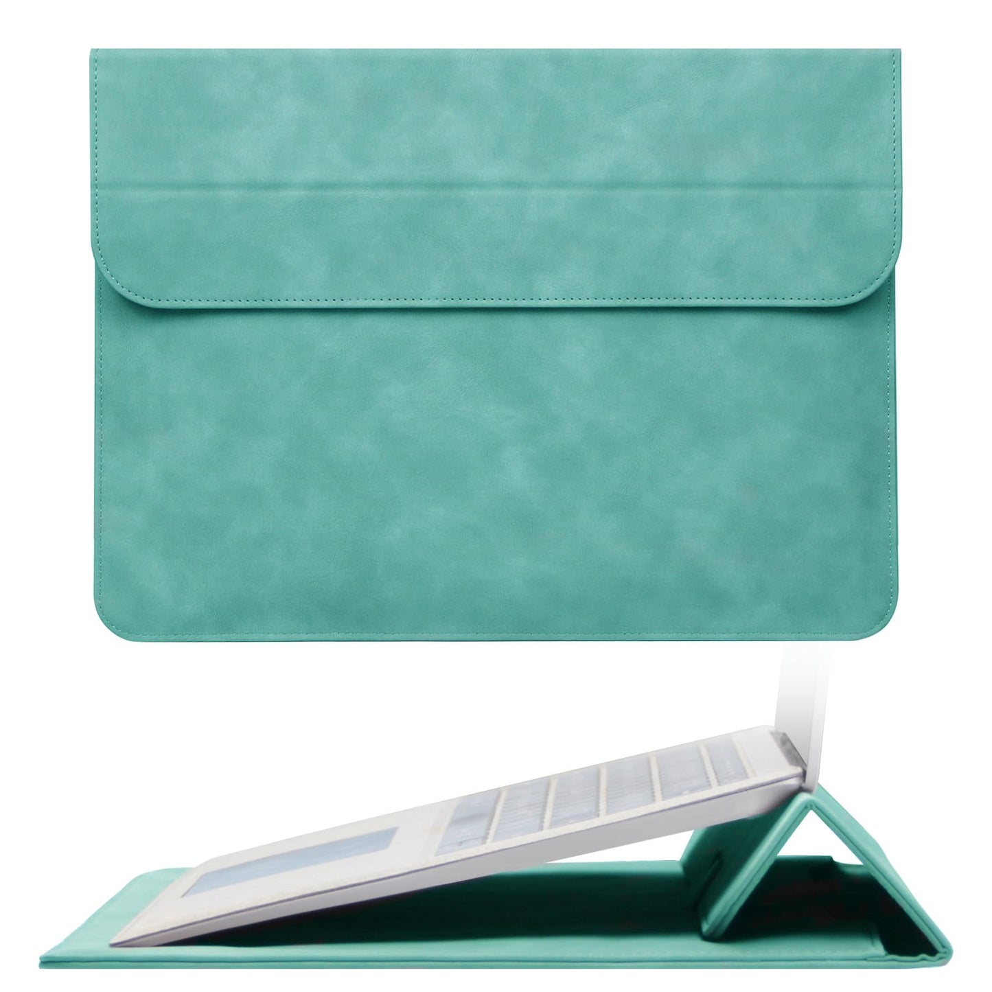 Megoo 14" Slim Laptop Sleeve Case with Stand for Samsung Galaxy Book 13.3", MacBook Air 13.3"/13.6"/Pro 14.2", Microsoft Surface Laptop 13.5", Leather Case for 13" 14" Tablet Chromebook Notebook(Cyan)