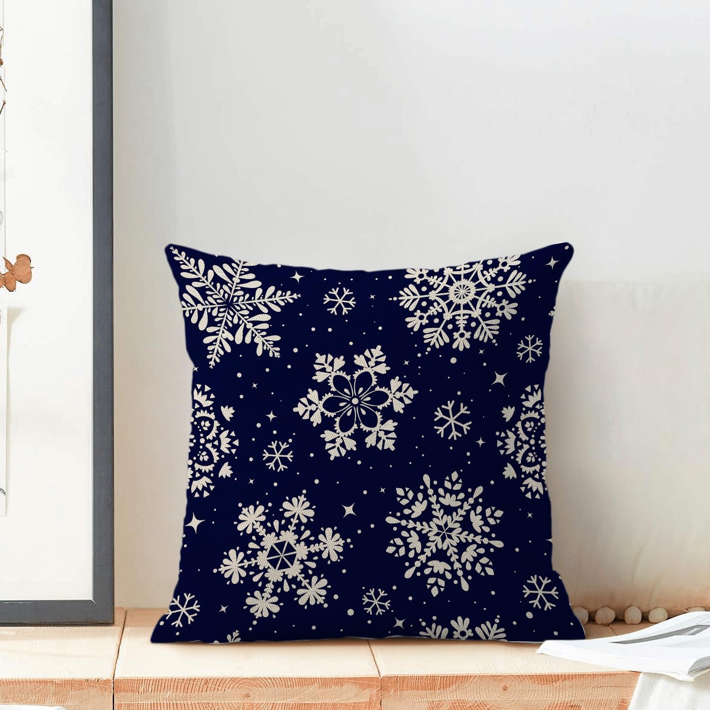 Christmas Pillow Covers 20x20 Inch 2 Pcs, Navy Blue White Snowflakes Decorative Throw Pillows for Couch, Xmas Winter Outdoor Decor Pillowcase Linen Cushion Cover for Bed Sofa