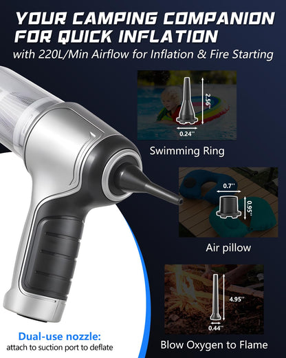 Lyrzzey Camping Vacuum Cleaner – Cordless Handheld 6kPa Suction for Tents, Cars, and Outdoor Gear – Sucks Up Bugs, Inflates Pillows, Blows Campfires – Lightweight & Portable, 0.66 lb