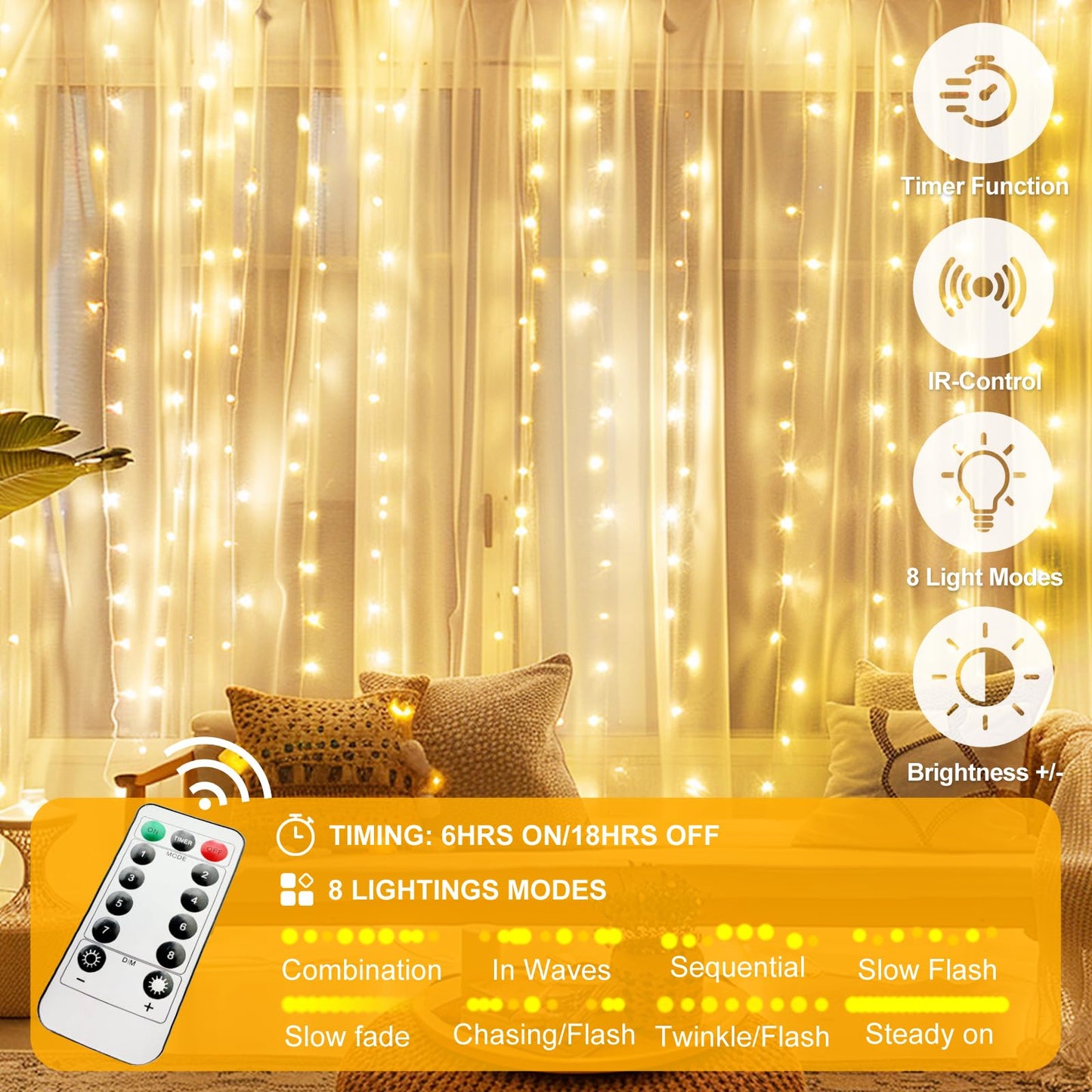 HOLITS Fairy Curtain Lights Upgraded Tangle-Free Warm White USB Plug in 8 Modes String Hanging Lights with Remote for Christmas, Bedroom, Indoor, Outdoor, Weddings, Party (6.6FTx6.6FT)