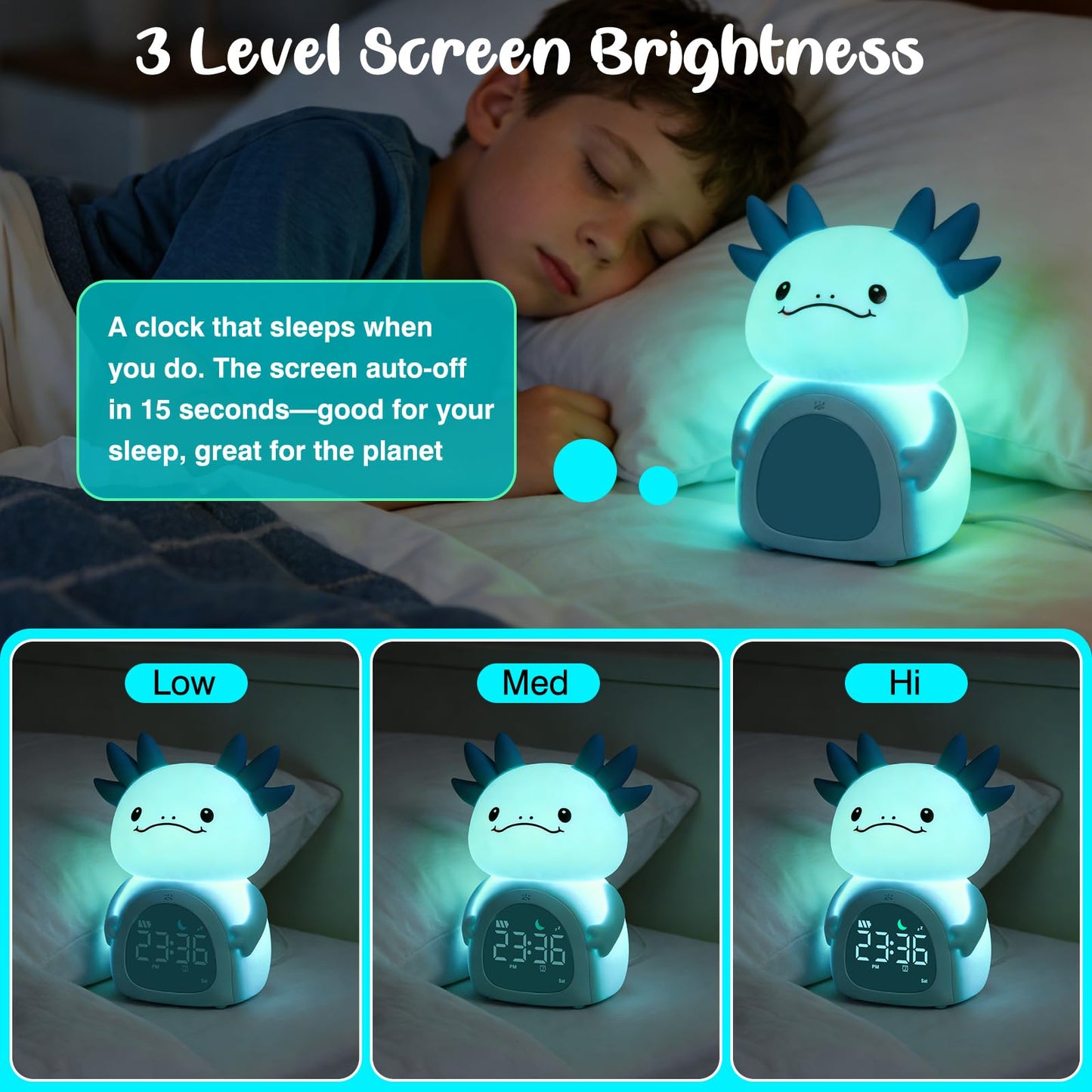 ollycasa Axolotl Alarm Clock for Kids, Rechargeable Ok to Wake Clock with Night Light - BPA-Free Silicone Sleep Training Clock, Cute Toddler Wake Up Clock for Boys Girls Bedroom
