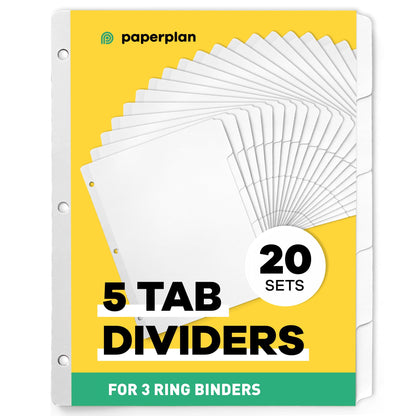 Binder Dividers with Tabs - (Set of 20) x 5 Tab Dividers for 3 Ring Binders, White, Reinforced Edge - Ideal for Keeping Your Documents Neat and Professional
