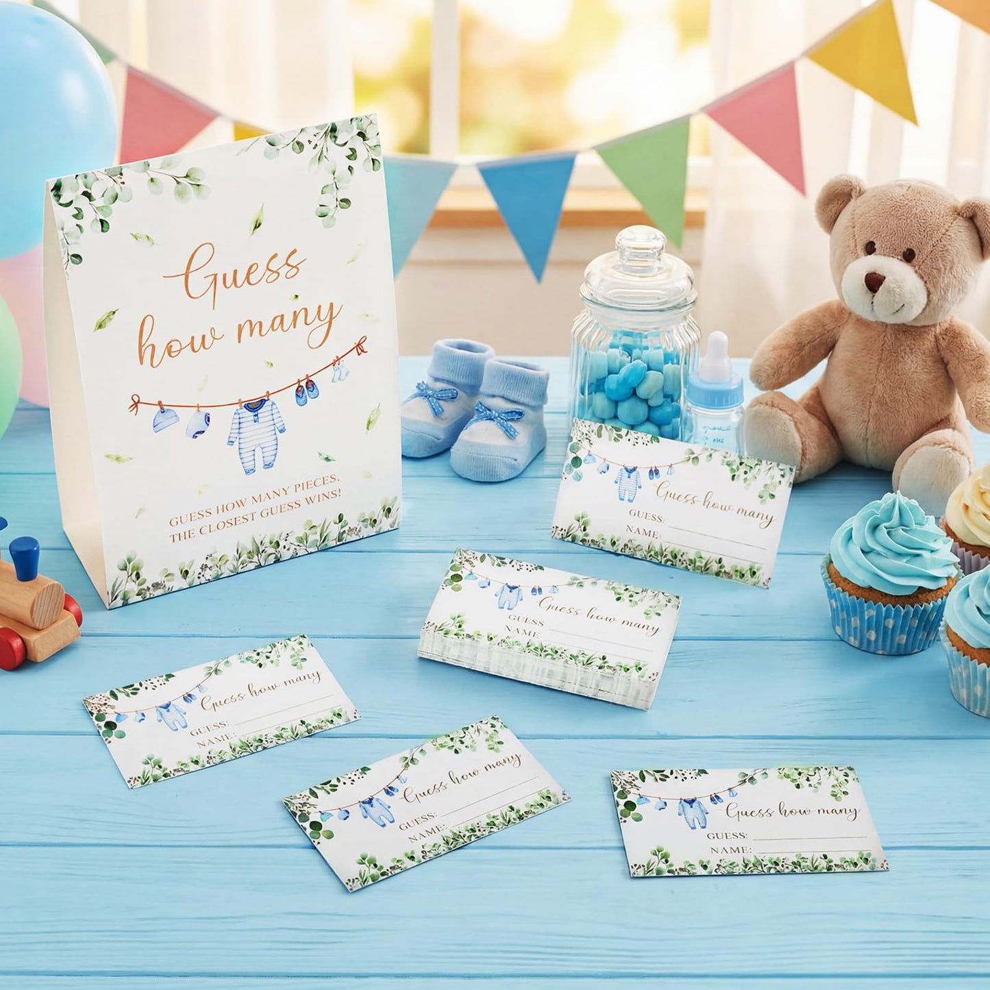 Lerheedi Blue Clothes Guess How Many Baby Shower Game Pack of 1 Tabletop Sign with Stand and 50 How Many Cards, Eucalyptus Gender Reveal Party Game Decorations