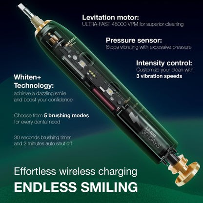 Wagner & Stern WHITEN+ Edition. Whitening electric toothbrush with pressure sensor. Offers 5 brushing modes, 3 intensities, 8 soft brush heads, and a luxury travel case. (Green)
