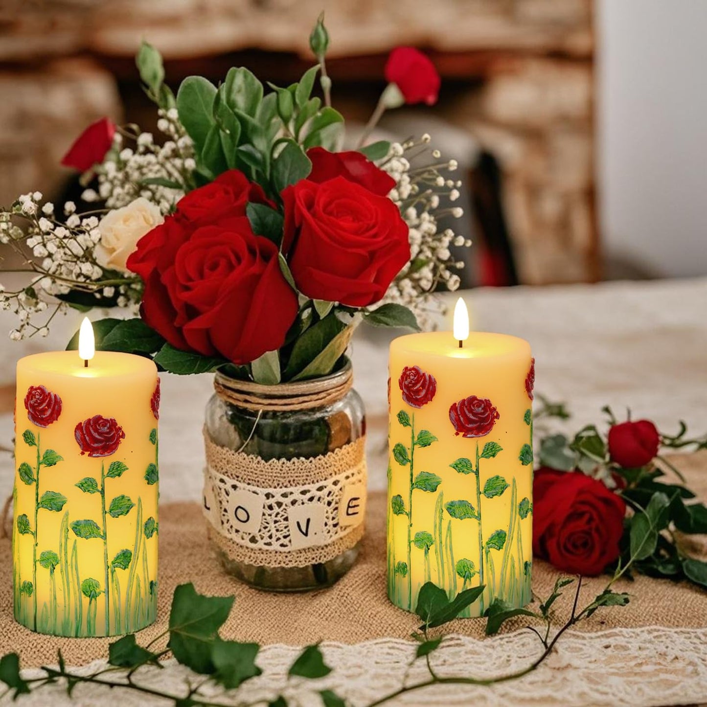 Kunswenn Flameless Candles with Embossed Rose, Battery Operated Pillar Candles with 6H Timer, Real Wax LED Flickering Candle with Flickering Flame for Wedding Holiday Decorations(Set Of 2, D3”x H6.5”)
