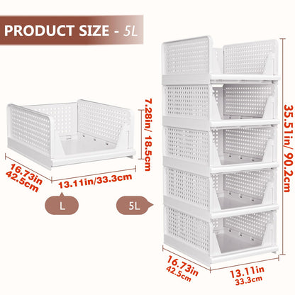 CTSNSLH 5 Pack Closet Organizers Storage Box, Closet Storage Stackable Storage Bins, Plastic Drawer Basket for Wardrobe Cupboard Kitchen Bathroom Office, White