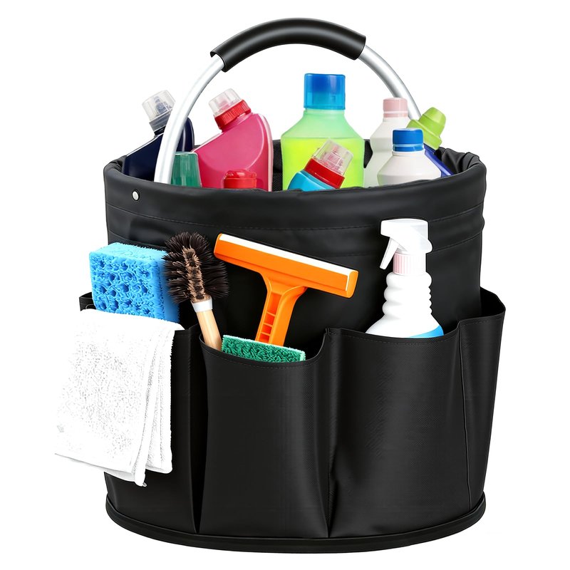 CIHTL Cleaning Caddy with Handle, Cleaning Products Organiser, Foldable Storage Basket, Large Supply Organiser 17L with 6 Pockets, Portable Cleaning Caddy for Home & Garden (Black)
