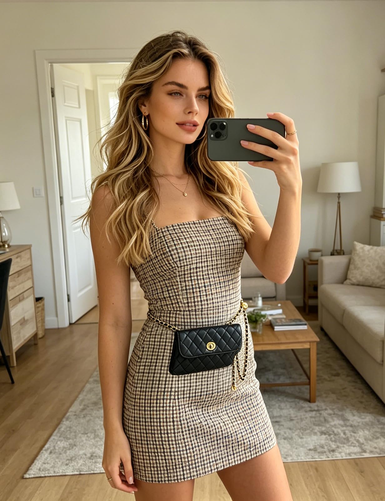 BEMYLV Leather Chain Belt Bag for Women Black Crossbody Phone Purse Adjustable Fanny Pack Fashion Waist Purse Evening Clutch Detachable Mini Handbag