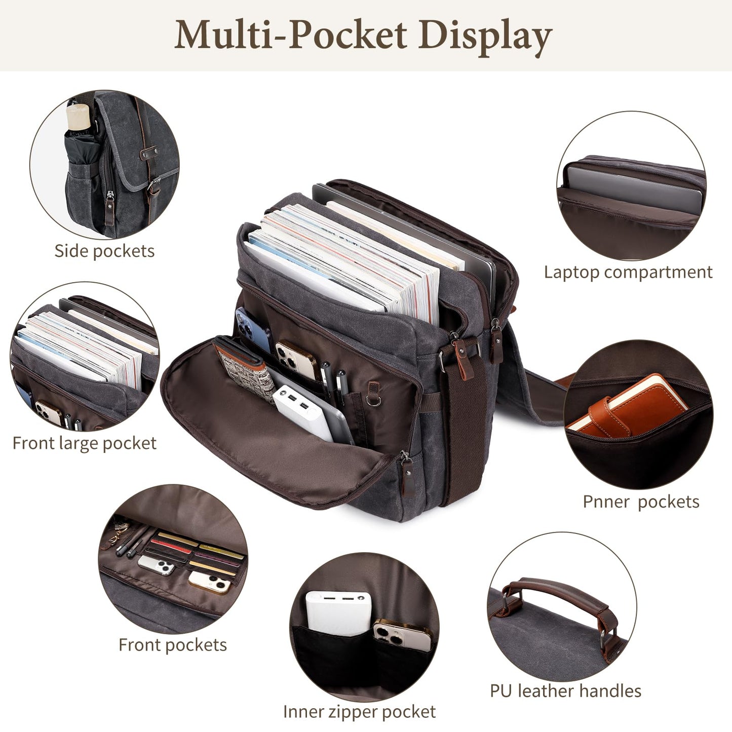 Wogarl 15.6 Inch Messenger Bag for Men Genuine Leather Waxed Canvas Briefcase Large Computer Laptop Bag, Satchel Shoulder Handbags Crossbody Bags for Work (Grey Black)