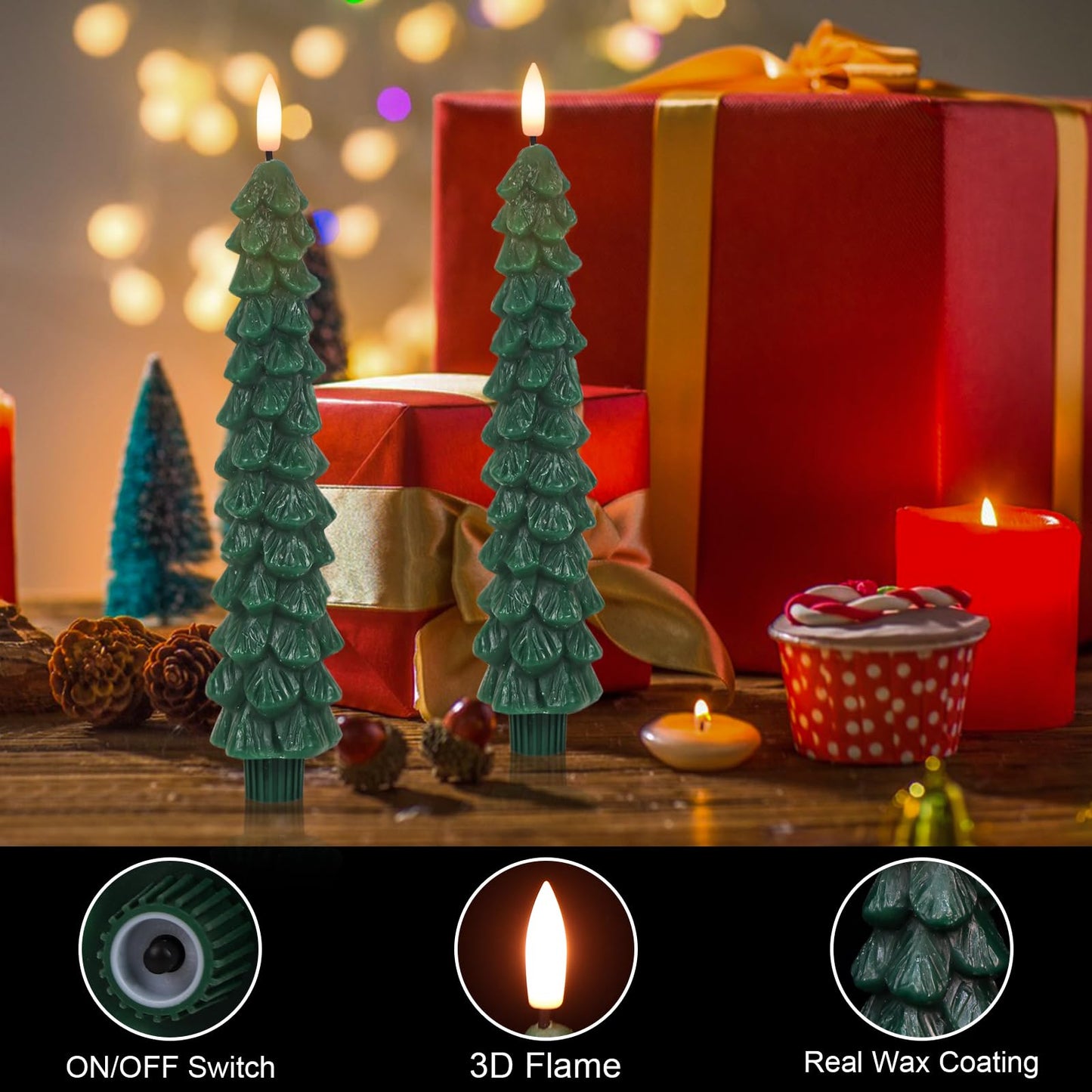 KunSwenn Christmas Tree Candles Battery Operated with Remote Timer, 4 Pcs Christmas Tree Flameless Taper Candles with 3D Flickering Flame, Green LED Tree Candlesticks for Christmas Home Winter Decor