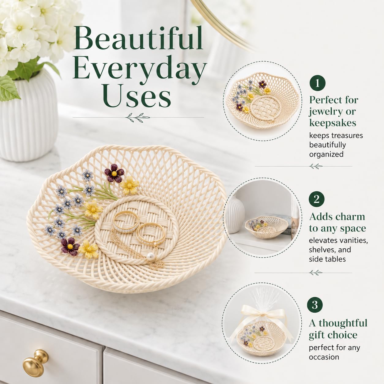 Belleek Classic Wild Irish Hedgerow Spring Basket - Boho Room Decor, Handmade Flower Basket, Decorative Storage Baskets for Bedroom and Bathroom Decor, 7”D x 1.5”H