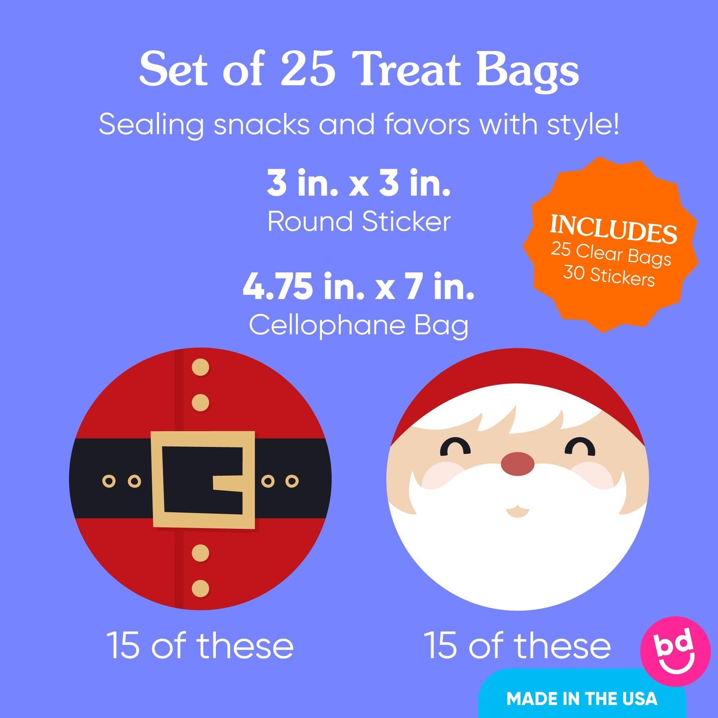 Big Dot of Happiness Jolly Santa Claus Stickers and Clear Cookie Bags, Cellophane Treat Bags 4.25x7 Inches, Holiday Christmas Party Favor Gifts for Candy or Baked Goods - 25 Count