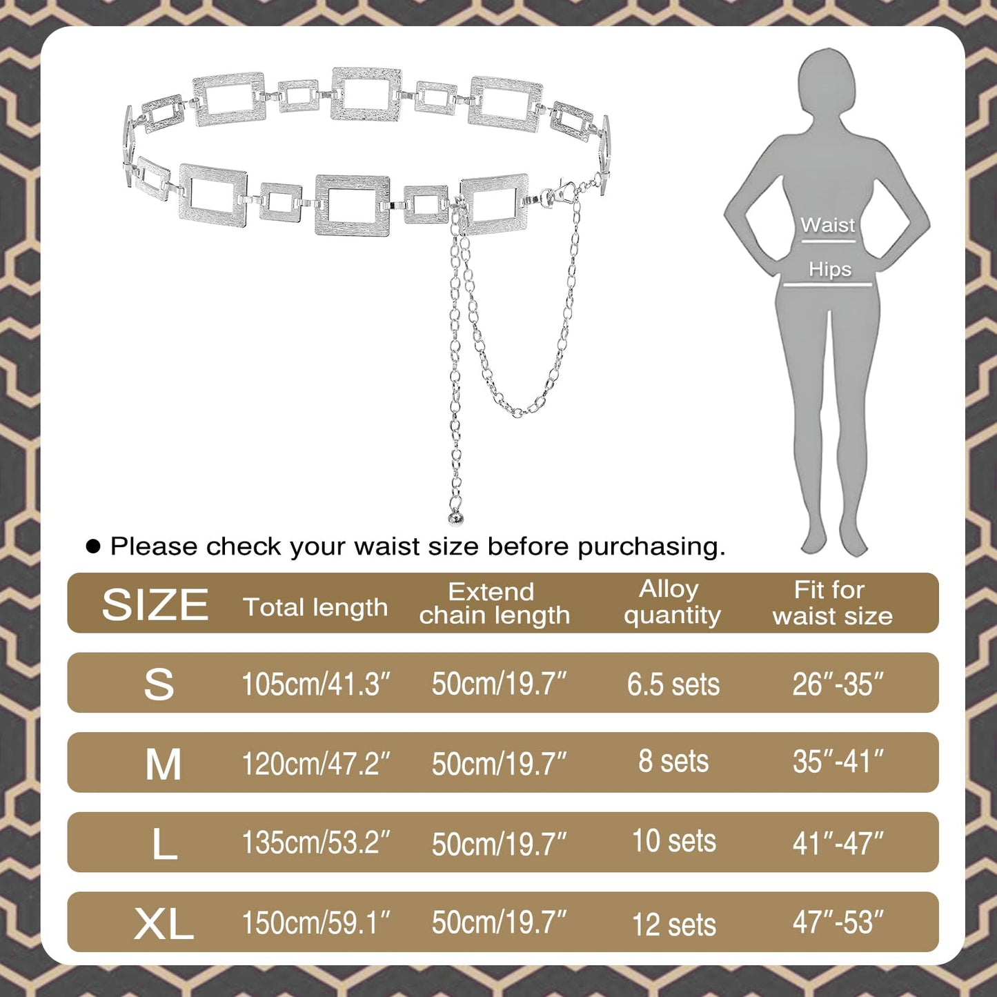 Liutufy Waist Chain for Women Adjustable Boho Metal Belt for Dresses (Square Silver-L)