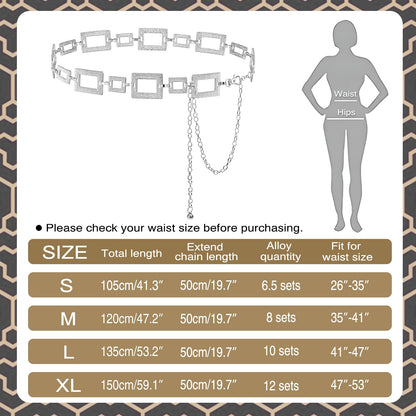 Liutufy Waist Chain for Women Adjustable Boho Metal Belt for Dresses (Square Silver-L)