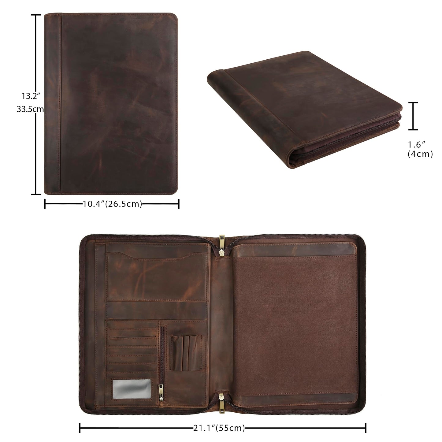 Handmade Genuine Leather Portfolio Organizer for IPad/Document, Business Padfolio with A4 Leather Notepad Holder, Leather Compact Folder Conference Portfolio for Men and Women, Dark Khaki