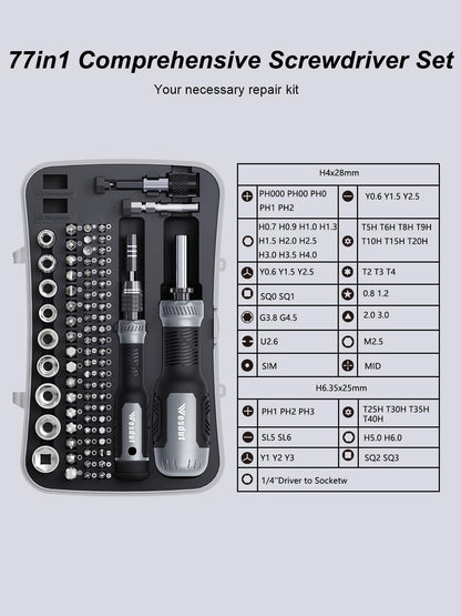 [Super Durable] 77in1 Screwdriver Set, Include 46in1 Precision Screwdriver and 23in1 1/4 Inch Nut Driver, Flat Head, Torx, Hex, Square, Repair Kit, Man Gift Screw Driver