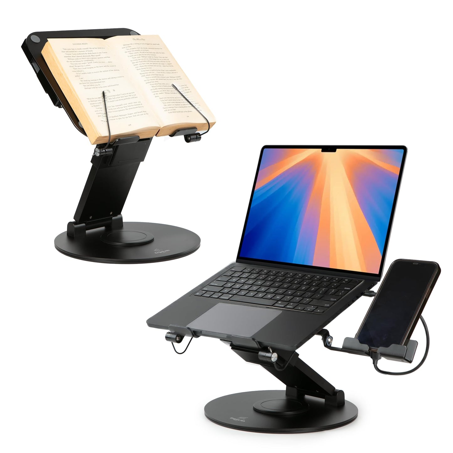 ErgoLith 3-in-1 Adjustable Laptop Stand, Book Stand, and Phone Holder - 360° Rotating Display for All Laptops - 2–21" Height for Ergonomics - Office Desk Accessories - Stylish - Patented - Sky Black