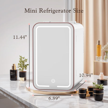 YLFU Skincare Fridge, 6L/10 Can Mini Fridge for Bedroom with Dimmable LED Mirror, Portable Cooler & Warmer Small Compact Refrigerator for Skincare, Cosmetics, Bedroom and Office, White