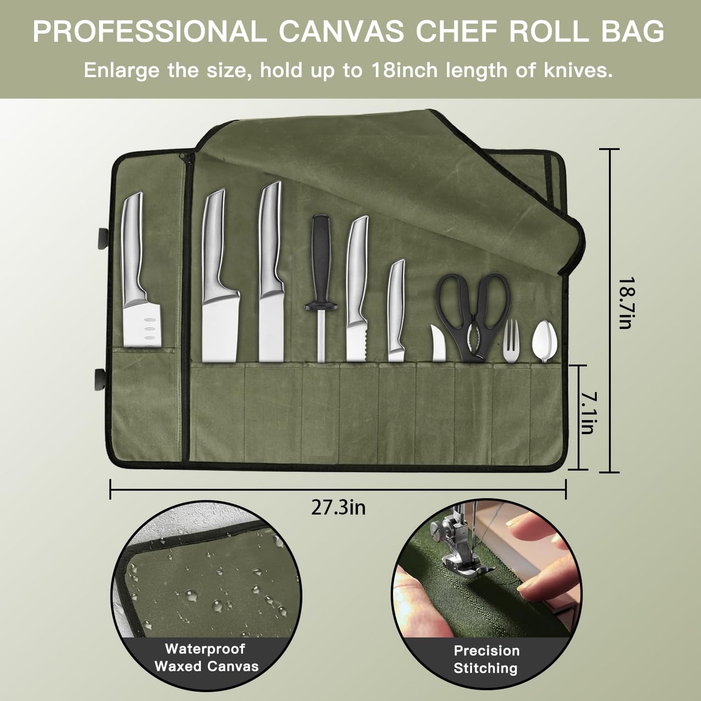 Parsuko Chef Knife Roll Bag,Waterproof Waxed Canvas Knife Case Holds,Knives Roll Bags for Chefs Professional with Adjustable Strap,Chef Backpack with 10 Knife Slots and a Large Zippered Pocket