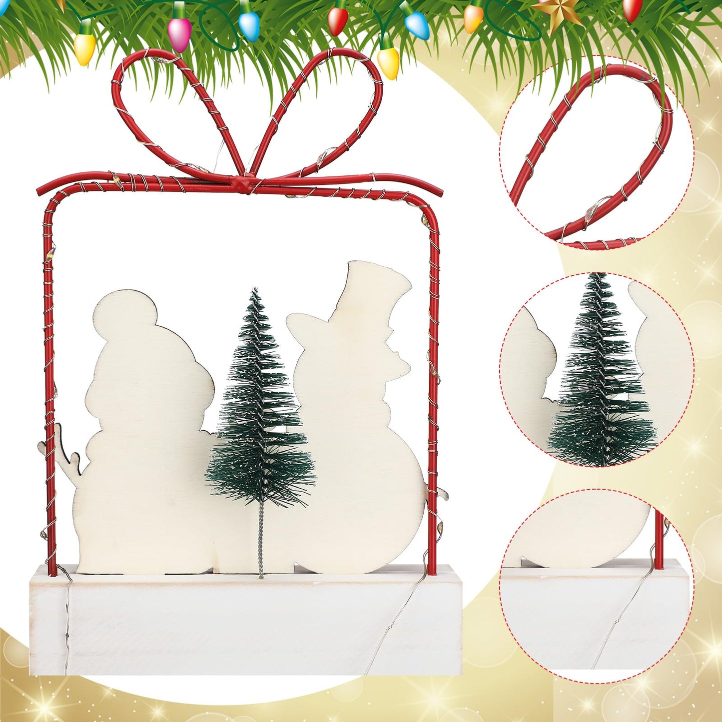 Cinnvoice Winter Snowman Tabletop Decorations Wooden Lighted Winter Snowmen Gift Box Tree Ornament with Metal Frame Red Green Battery Operated LED Light up Holiday Sign for Indoor Mantel Shelf Decor