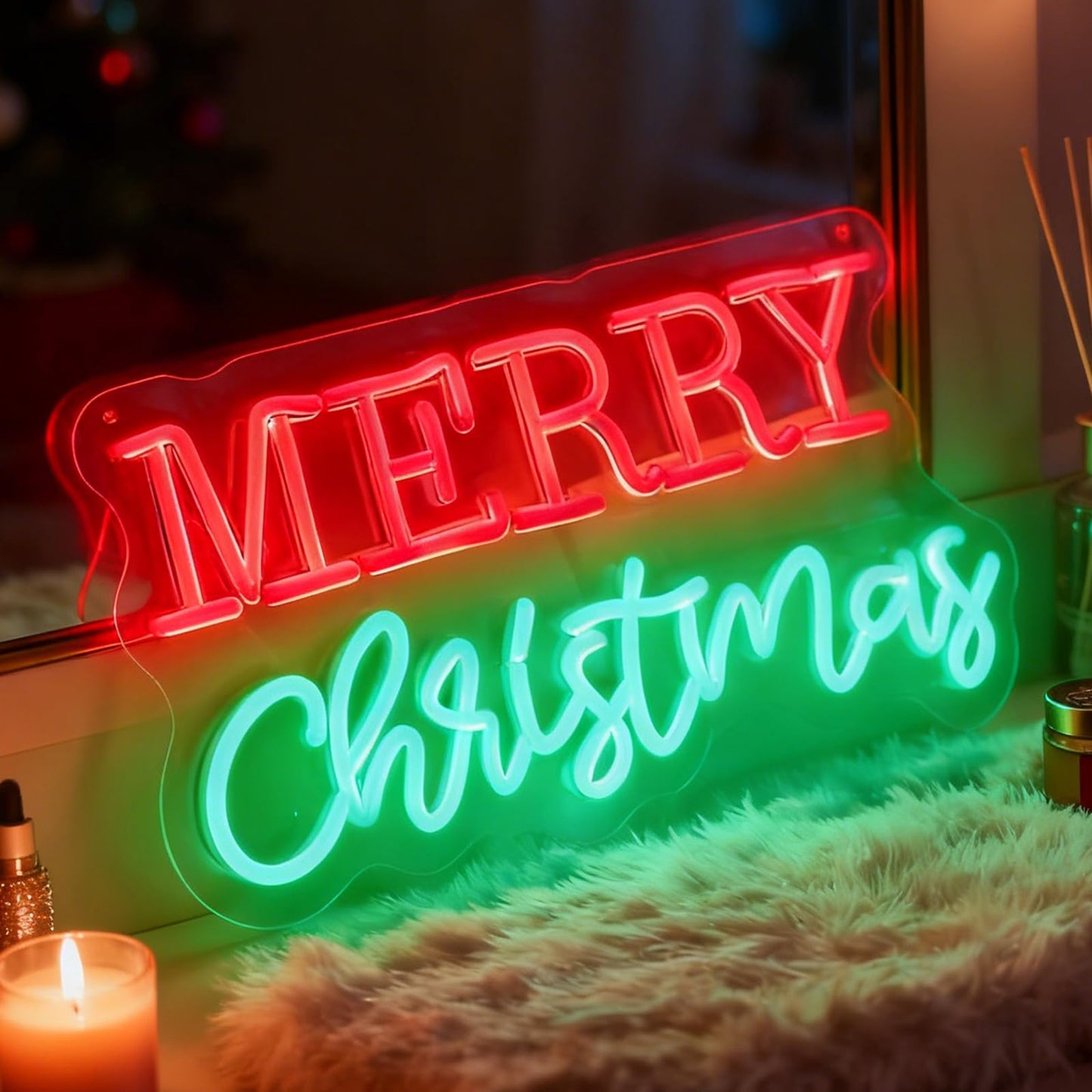 Merry Christmas LED Neon Sign, Dimmable Merry Xmas Decorative Light Holiday Theme Decor for Living Room Bedroom Party Pub Home Wall Table Festive Vibe Light Up Letters Sign, 16.5 x 7.9 In