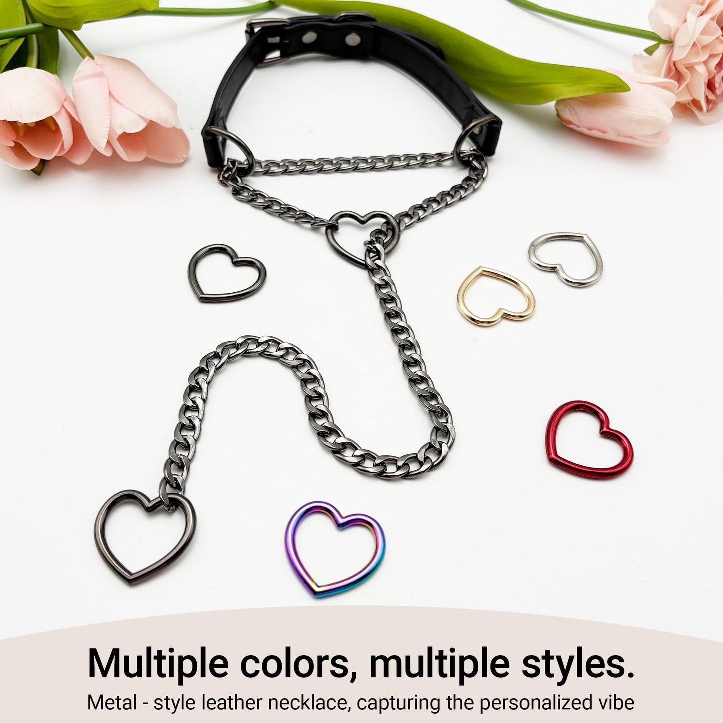 paloli Vegan Leather Choker Necklace with Heart Chain – Adjustable Strap Punk Gothic Collar with Cute Heart Metal O-Rings, Stylish Jewelry for Women