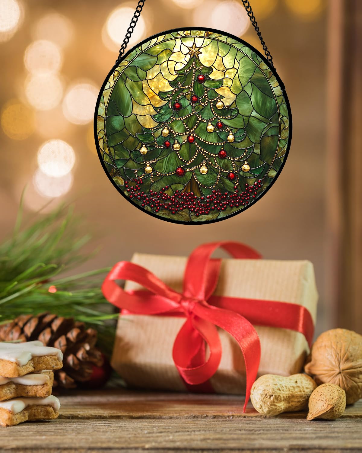 Stained Glass Window Hanging - Retro Green Christmas Tree Suncatcher for Doors Home Christmas Decoration Sun Catcher Thanksgiving New Year Birthday Gifts for Women Men Mom Nana 6.3 in