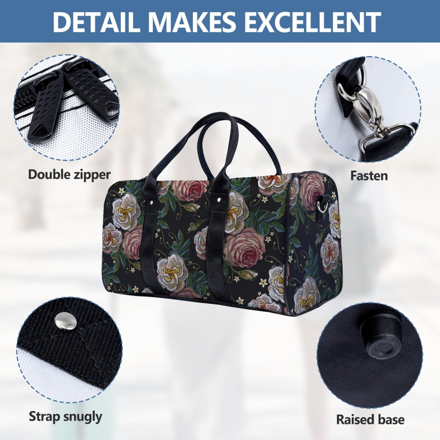 Rose Pattern Duffle Bag with Adjustable Shoulder Strap Large Capacity Gym Bag Weekender Bag for Travel Gym Hospital