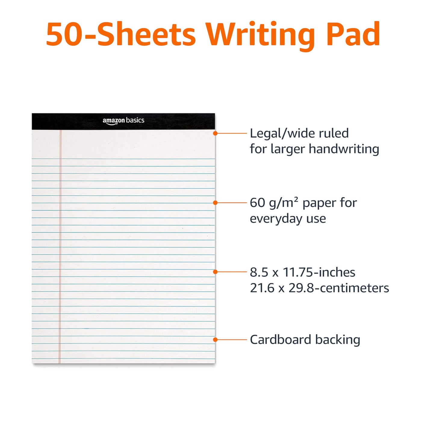 Amazon Basics Wide Ruled Lined Writing Note Pads for Office Supplies, 8.5" x 11.75", White, 12-Pack of 50 Perforated Sheets