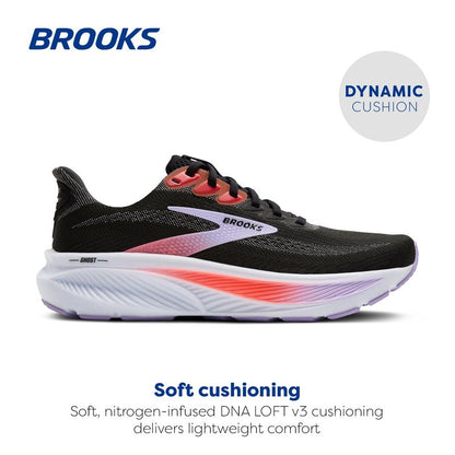 Brooks Women’s Ghost 17 Neutral Running Shoe - Black/Purple/Coral - 8.5 Medium