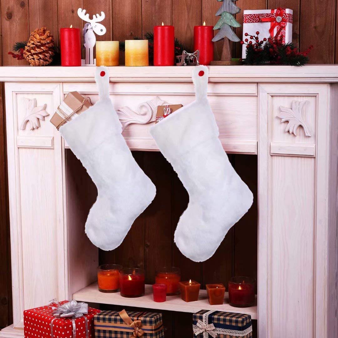 White Christmas Stockings 2 PCS 20 Inch Faux Fur Large Christmas Stocking for Hanging Decorations
