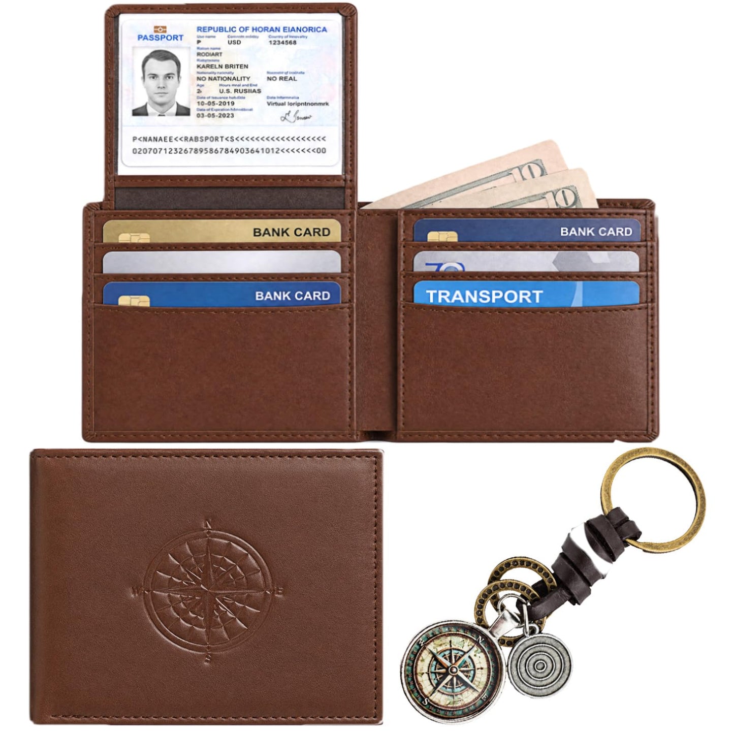 Hsei Bifold Wallet for Men Faux Leather Wallet with Compass Motif Keychain Anime Fan Mens Wallets with 2 ID Windows Gift