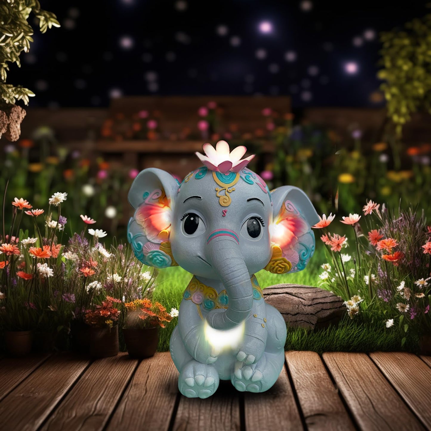 Sgreatiny Solar Garden Elephant Statue with 4 LED Lights