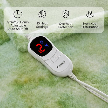 Guohaoi Heated Blanket Electric Throw, Soft Faux Rabbit Fur Electric Blanket with 10 Heating Levels 5 Sitting Timer Auto Off, Cozy Warm Heating Blankets, Machine Washable(84"×90" Light Green)