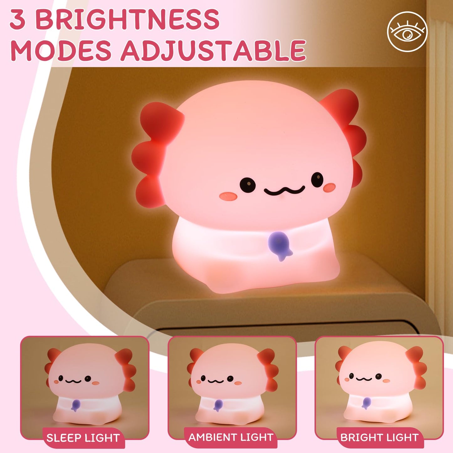MAGOHMT Axolotl Night Light for Kids - 3-Level Dimmer & Auto-Off Timer, Child-Safe Silicone Lamp, USB-C Rechargeable Nursery Light for Bedroom Breastfeeding (Squishy Animal)