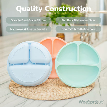 WeeSprout Silicone Divided Plates (No Lids), 100% Food Grade Silicone Plates for Toddlers & Kids, Dishwasher & Microwave Safe