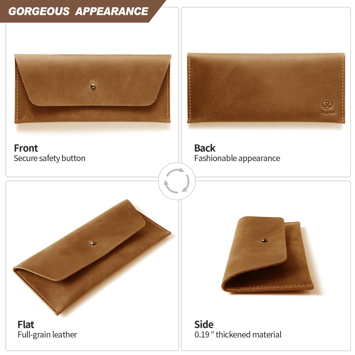 Ringsun Genuine Leather Cash Envelopes, Reusable Budget Envelope, Retro Clutch for Men & Women, Minimalist Wallet, Bourbon Brown