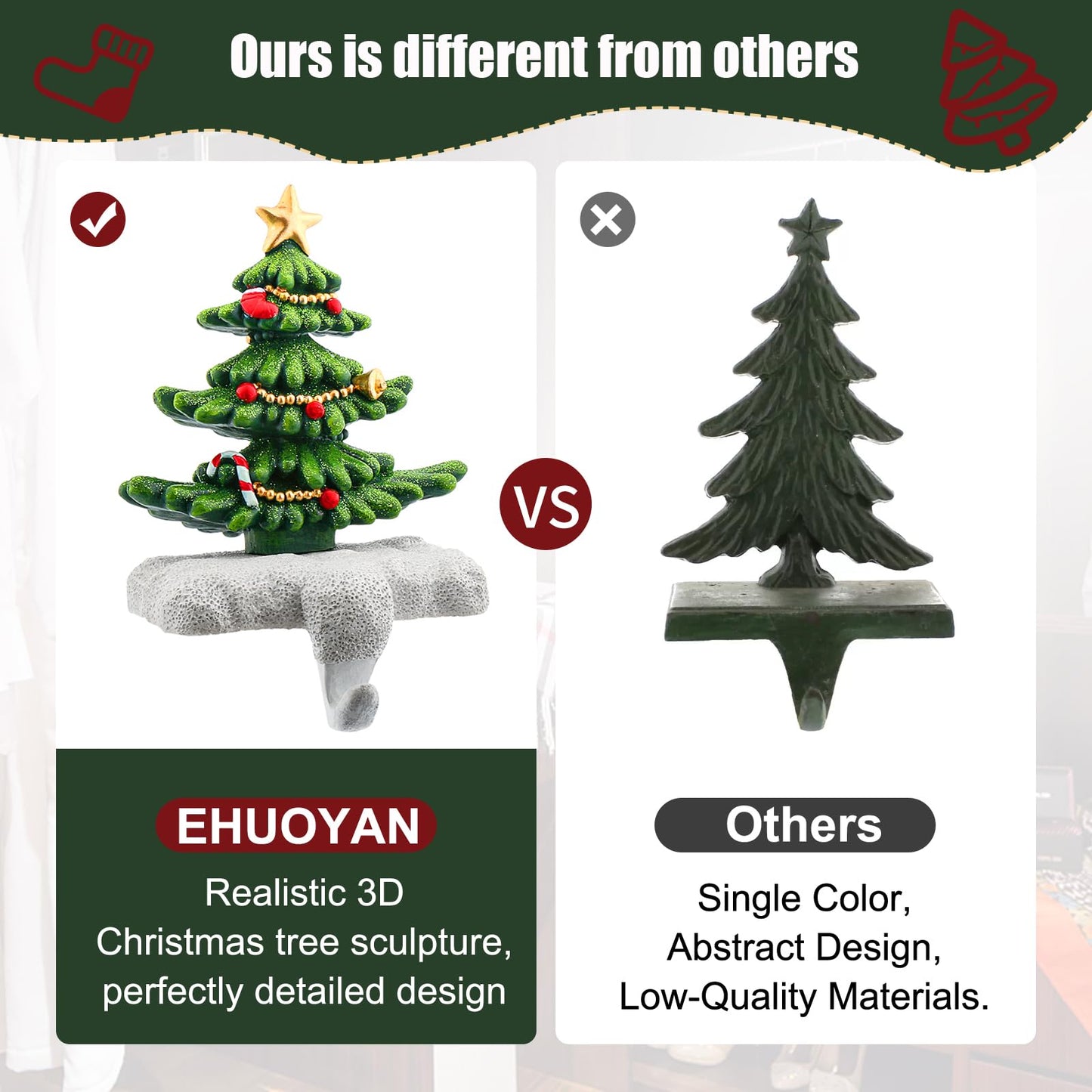 ehuoyan Christmas Stocking Holder Set of 2 with Glitter for Mantel Resin Stocking Hooks Fireplace Decor Sparkling Holiday Centerpiece Durable Indoor Christmas Gift