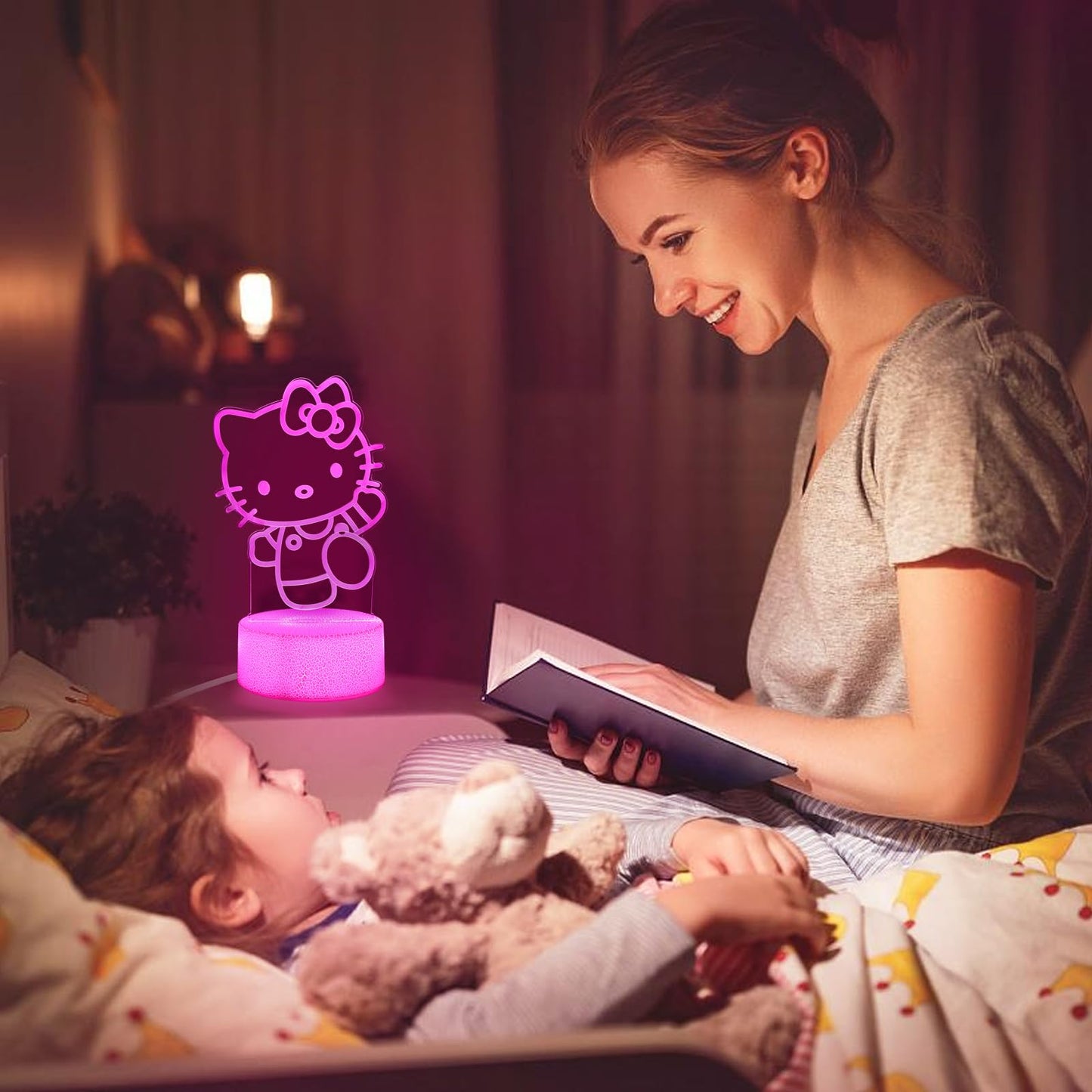sunduck Pink Kawaii Kitty 3D Night Light with Corded Control- Dreamy Girls Room Decor, Perfect Birthday/Christmas Gift for Kids, Unique Holiday Present