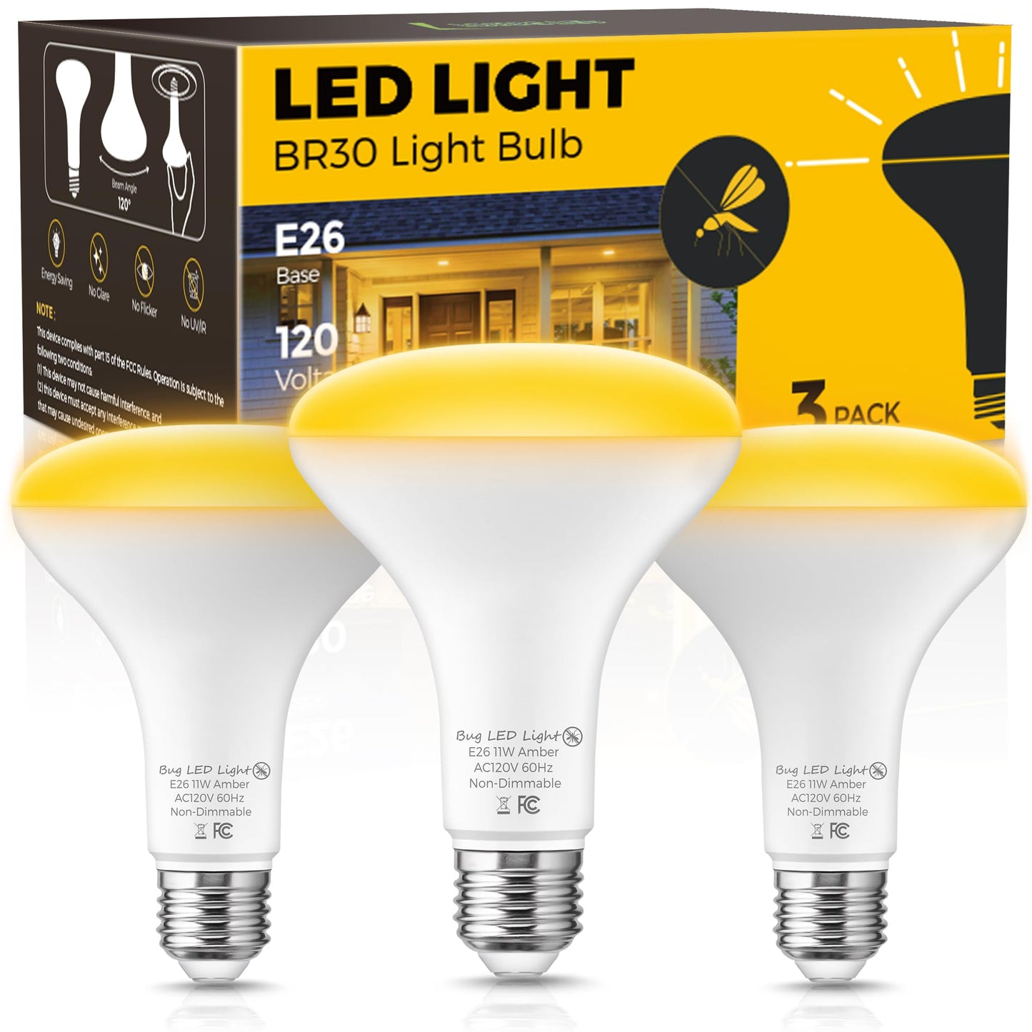 L LOHAS LED Yellow Bug Light Bulbs Outdoor, 65W Equivalent BR30 Bug Flood Lights for Outside, Non-Attracting, 11W Amber Porch Lights, E26 Base, Non-Dimmable, for Patio Deck Backyard, 3 Pack