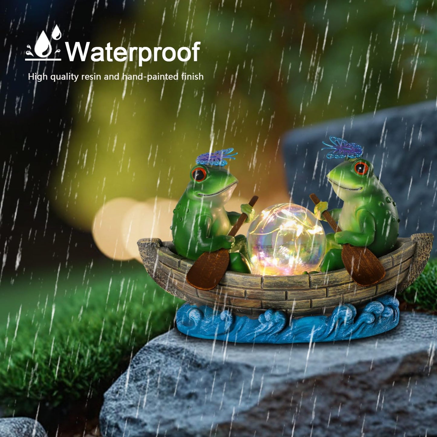 YHSOLAR Solar Frog Boating Garden Statue with Ball Light 5.1" Resin Frogs Decor for Home Front Door Patio Porch Balcony Women Gardeners Moms Wives Girlfriends