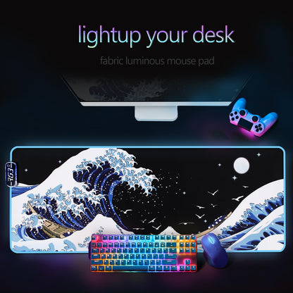 MEWOOCUE Gaming Laptop Mouse Pad,Sea Wave Big Mice Pads PC Keyboard Waterproof and Non-Slip 31.5 x 11.9 0.12" Thick XL,XXL Rubber Table Mat, RGB Led with 10 Lighting Modes+9 Color Changing Modes Mat
