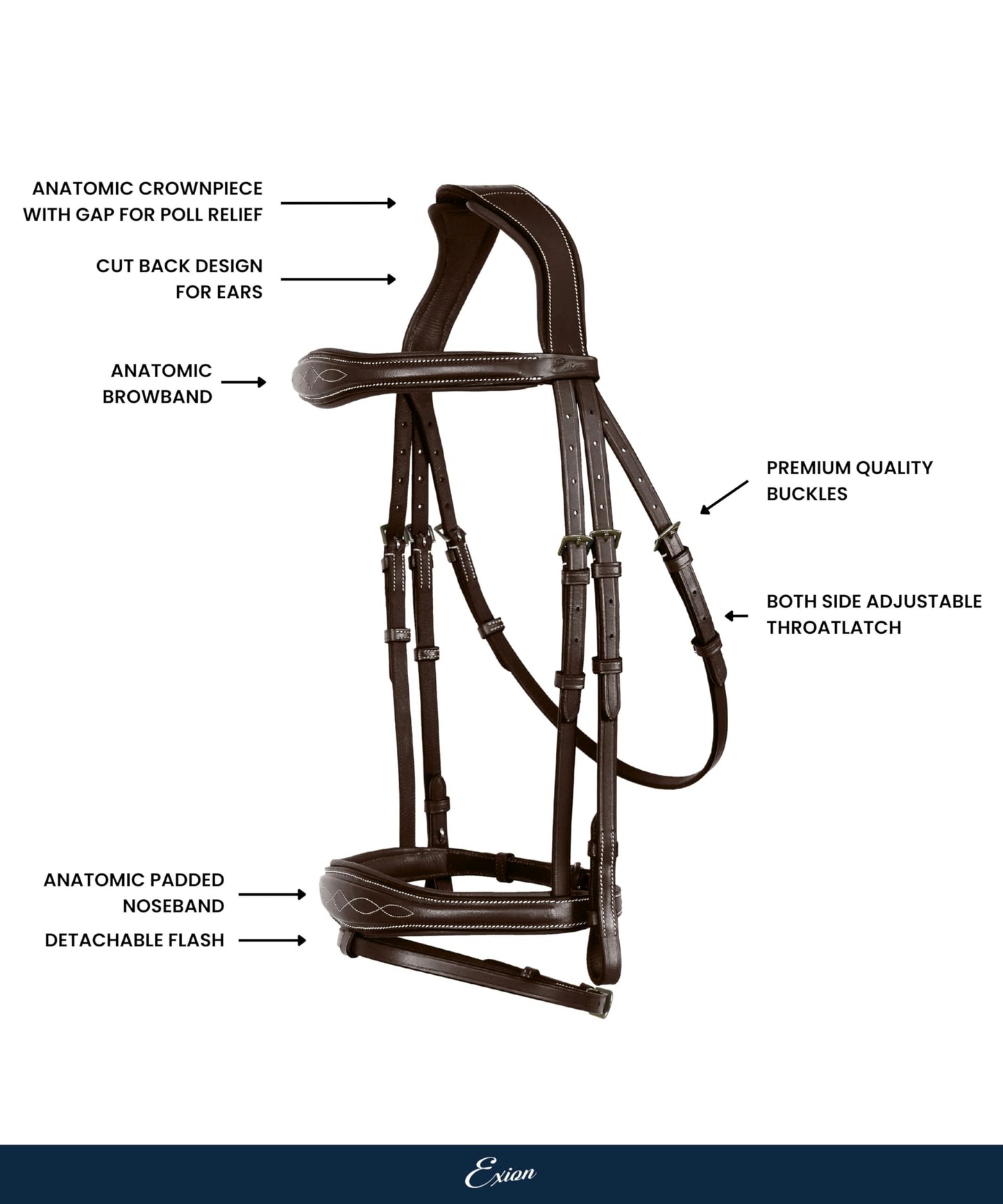 Exion Horse English Jumping Flash Bridle with Ergonomic Crownpiece, Soft Padded Anatomical Snaffle Noseband & Rubber Reins | Royal English Bridle (Oak Brown, Over)