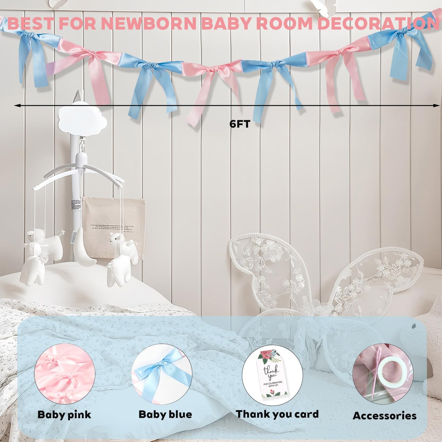 Eanjia Gender Reveal Bow Knot Garland |6ft Gender Reveal Party Decor with 3ft Extend Ribbon Pre-Assembled Satin Ribbon Banners with Baby Pink/Blue Bows Baby Shower No DIY Needed (Pink & Blue, 6ft)
