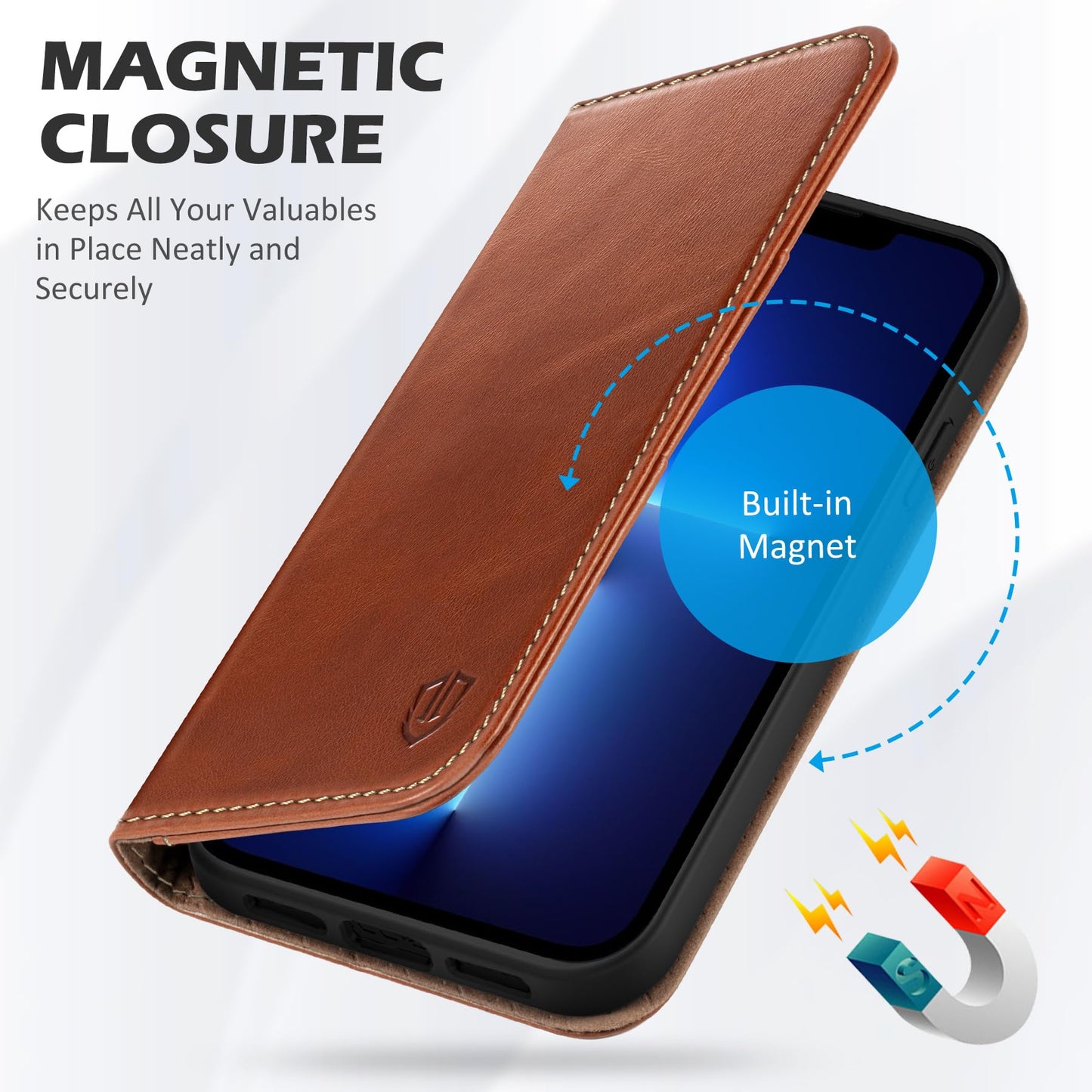 SHIELDON Wallet Case for iPhone 13 5G, Genuine Leather Folio Case Magnetic Shock Absorbing Cover RFID Blocking Credit Card Holder Kickstand Compatible with iPhone 13 6.1" 2021 - Retro Brown