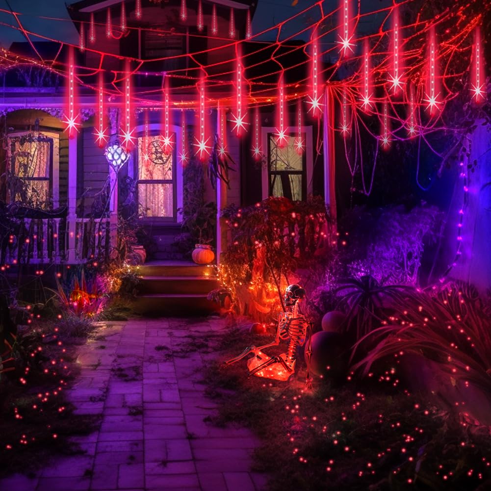 Aukora Red Led Halloween Lights Outdoor, Christmas Lights Outside, 8 Tube Snow Falling Rain Icicle String Light for Xmas Tree Party Thanksgiving Day Garden Camp Wedding Decorations, UL Plug
