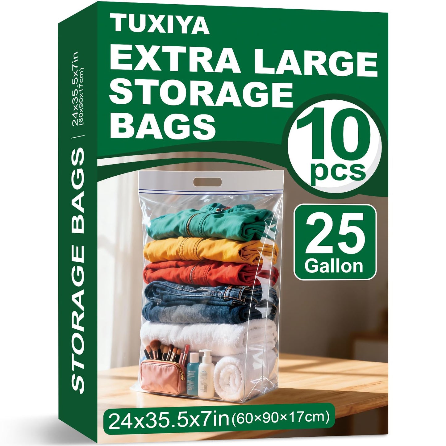 10 PACK 25 Gallon Extra Large Storage Bags, 35.5"x 24"x 7" Resealable Clear Zipper Bags with Handle, Heavy Duty Big Bag for Clothes Pillow Travel Moving, Expandable Bottom, 8 Mil Thick